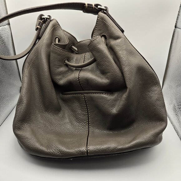 Brighton Gray Pebbled Leather Drawstring Bucket Purse with Shoulder Strap - Picture 12 of 16